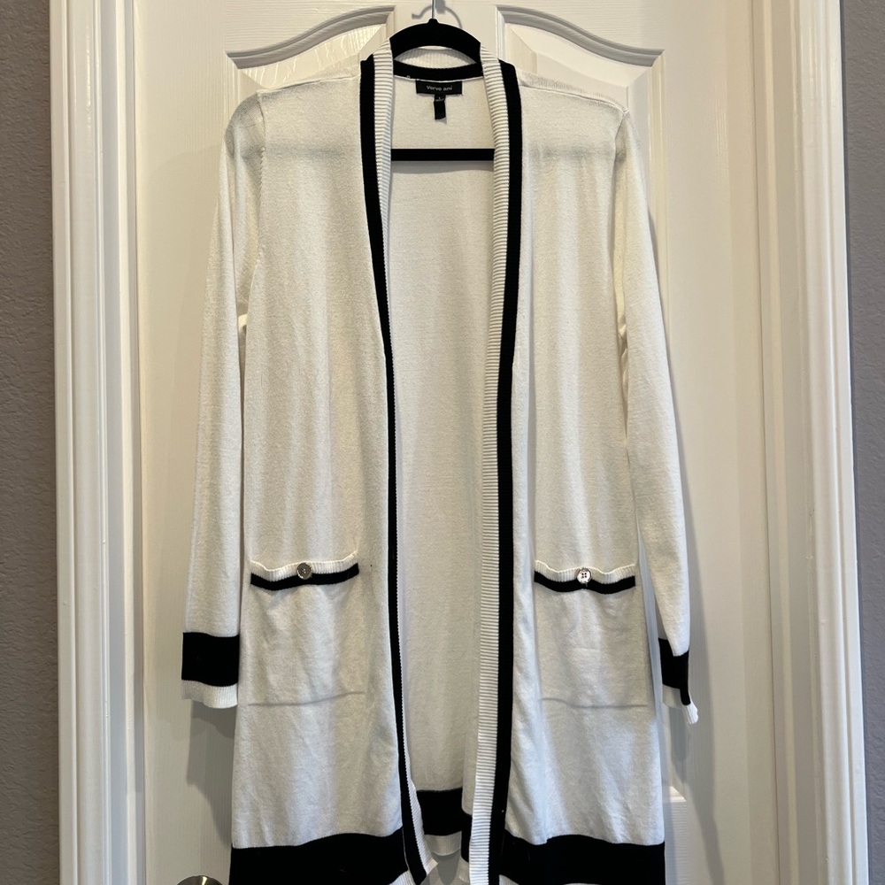 9. Black and White Cardigan Sweater with Open Front